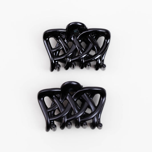 Clame de păr medii cu formă împletită și texturi mixte, set 2 buc - Negru