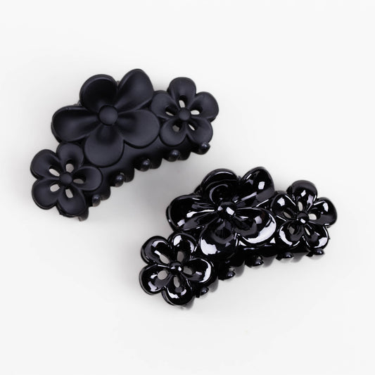 Clame de păr medii cu forme de flori și texturi mixte, set 2 buc - Negru