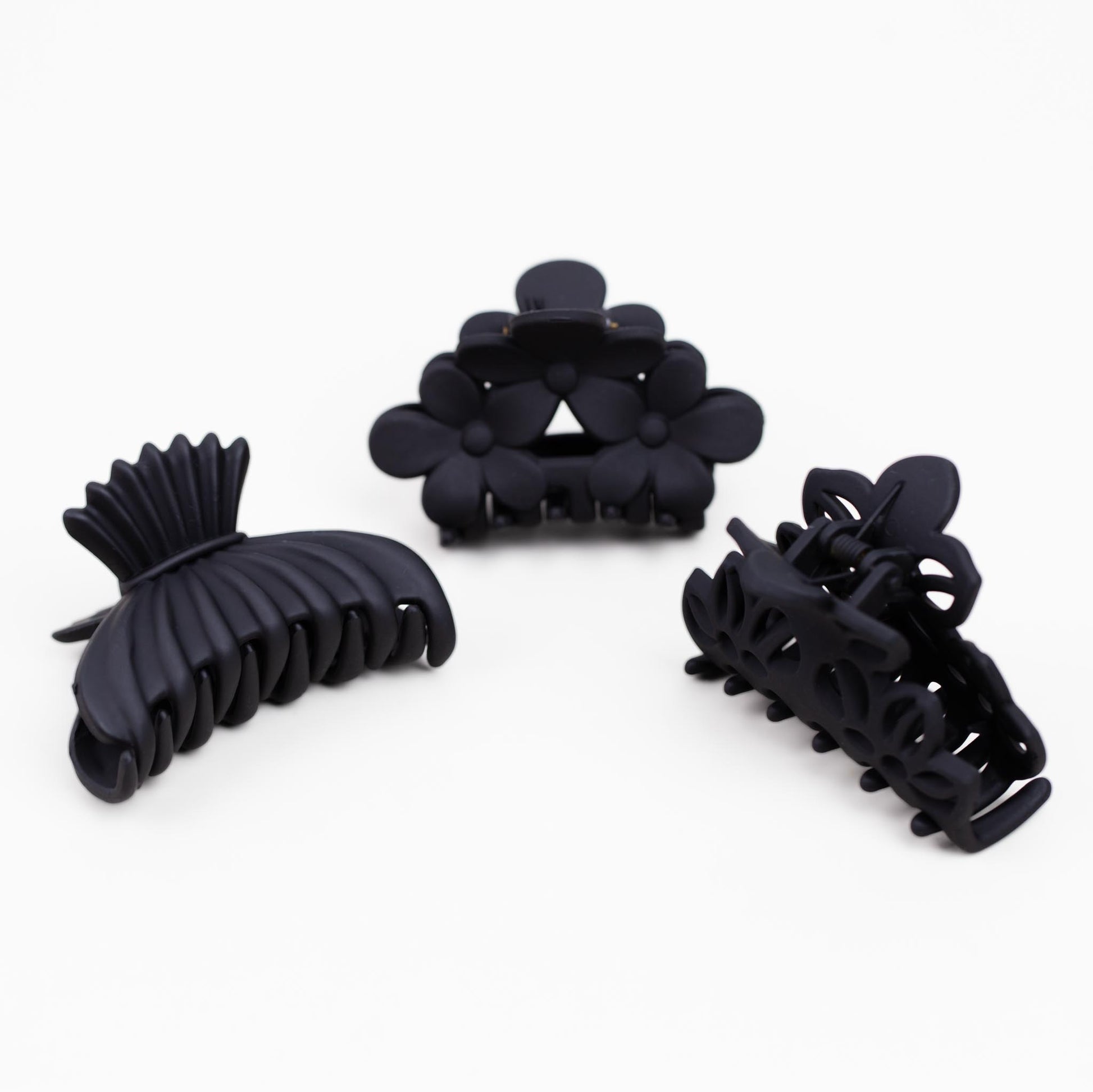 Clame de păr medii cu forme delicate și textură de silicon, set 3 buc - Negru