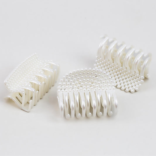 Clame de păr medii cu perle, forme geometrice, set 3 buc - Alb