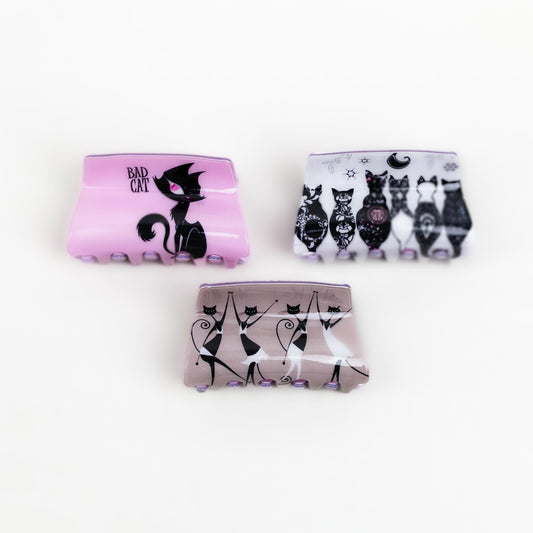 Clame de păr medii, imprimeu cu pisici și textură lucioasă, set 3 buc - Bad Cats Mix