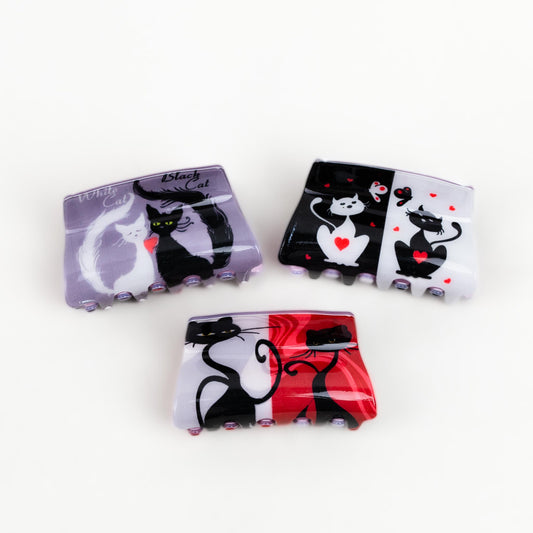 Clame de păr medii, imprimeu cu pisici și textură lucioasă, set 3 buc - Pisi Love Mix