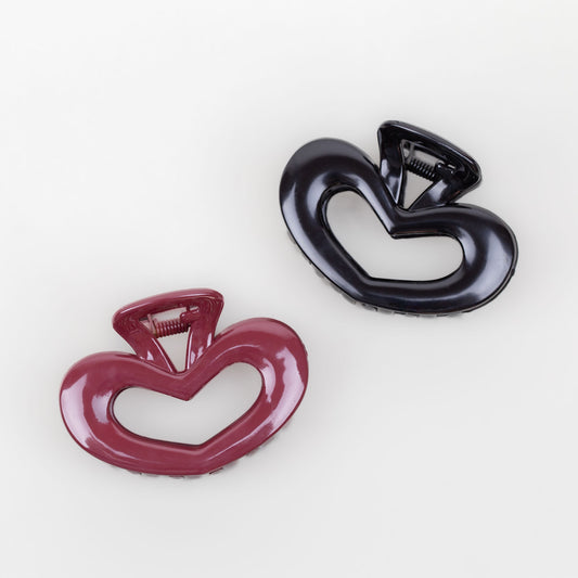 Clame de păr medii în formă de inimă cu textură lucioasă, set 2 buc - Negru, Bordo