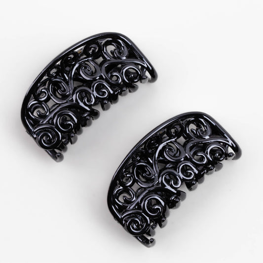 Clame de păr medii în stil vintage cu textură lucioasă, set 2 buc - Negru