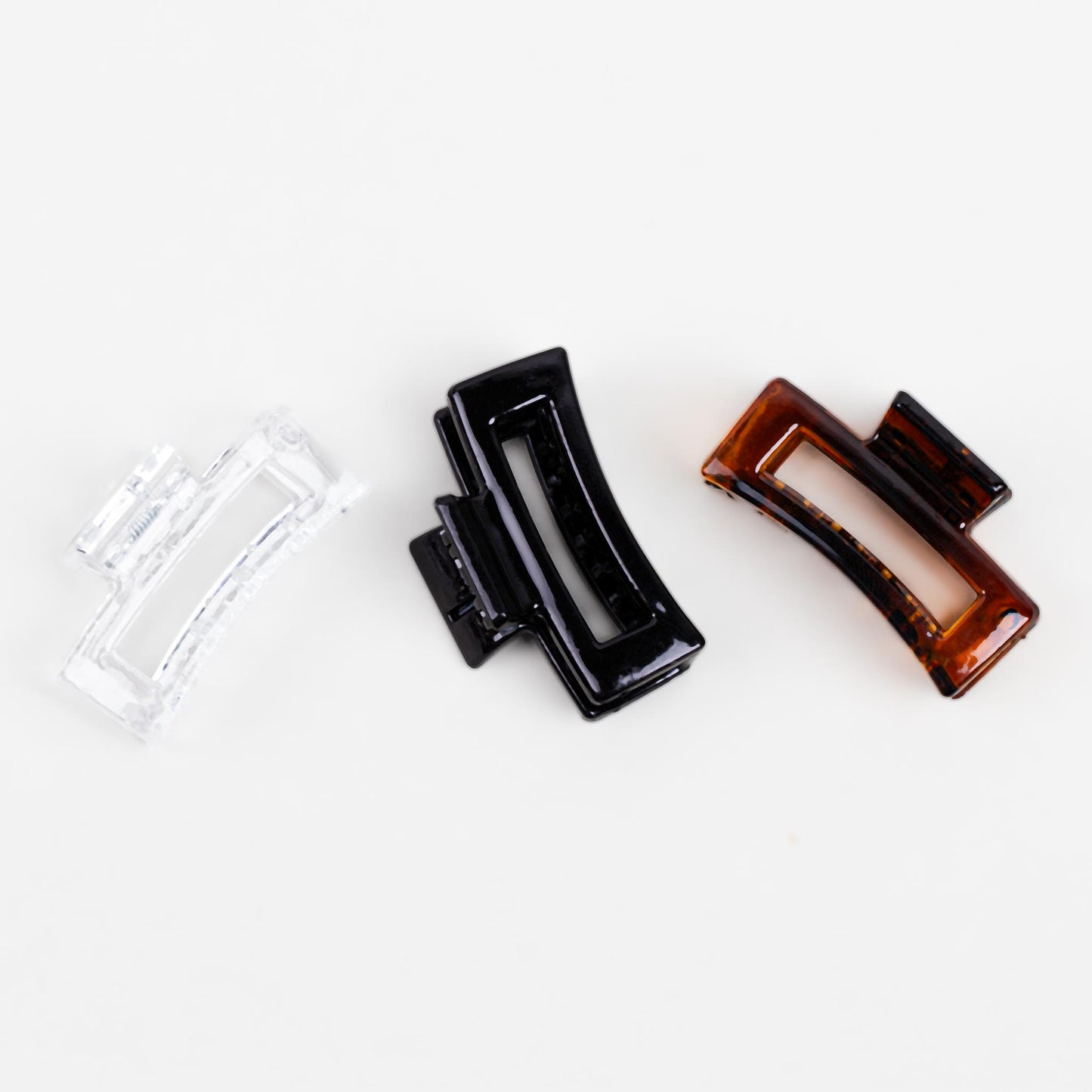 Clame de păr mici în stil minimal cu textură lucioasă, set 3 buc - Negru, Transparent, Maro