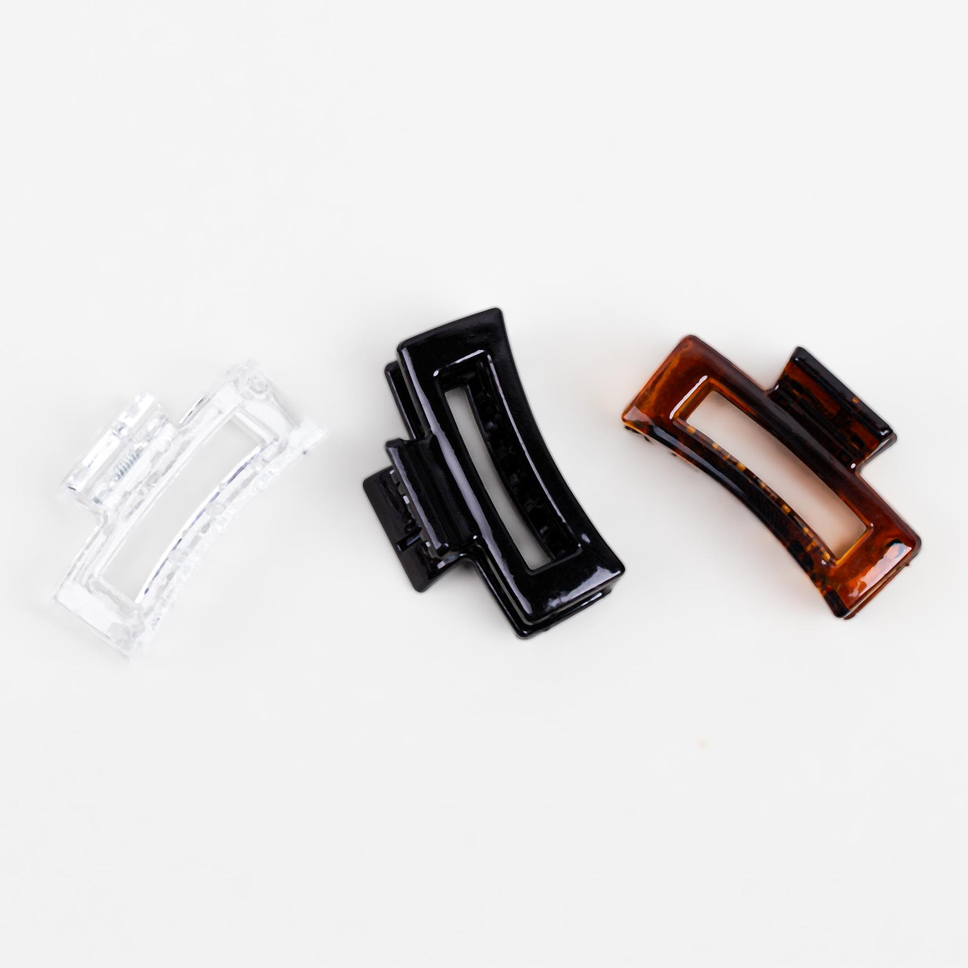 Clame de păr mici în stil minimal cu textură lucioasă, set 3 buc - Negru, Transparent, Maro