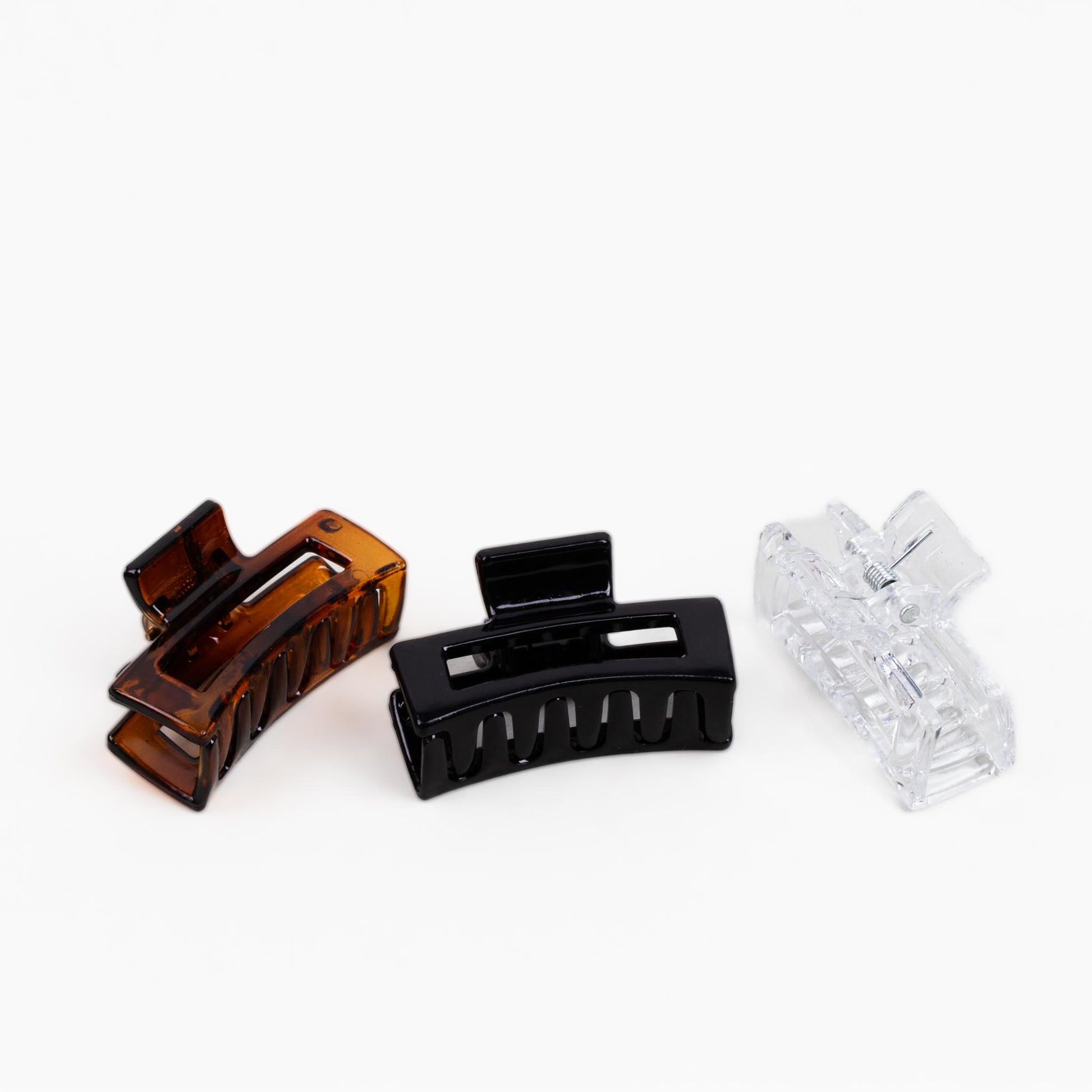 Clame de păr mici în stil minimal cu textură lucioasă, set 3 buc - Negru, Transparent, Maro