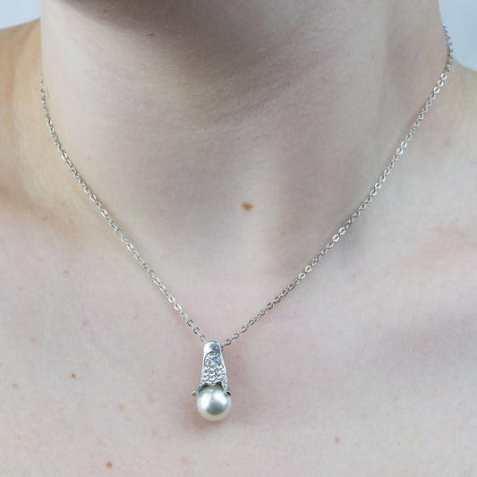 Colier argintiu cu pandantiv perlă și ștrasuri - Eifel