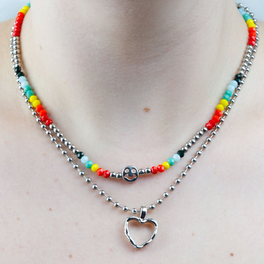 Colier dublu cu mărgele multicolor și pandantiv în formă de inimă - Multicolor, Argintiu