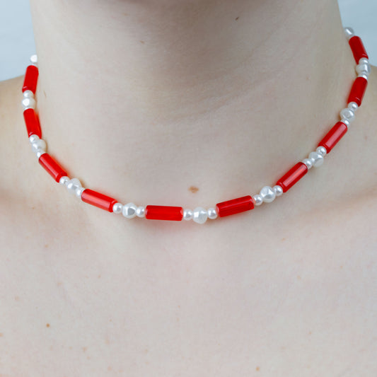 Colier la baza gâtului cu mărgele și perle - Roșu