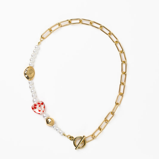 Colier la baza gâtului cu perle și inimă - Auriu, Alb