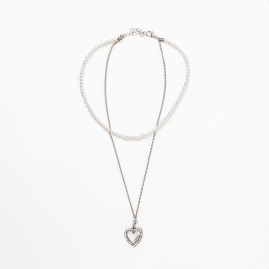 Colier la baza gâtului cu perle și lanț cu pandantiv inimă - Argintiu, Alb