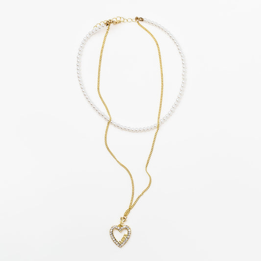 Colier la baza gâtului cu perle și lanț cu pandantiv inimă - Auriu, Alb