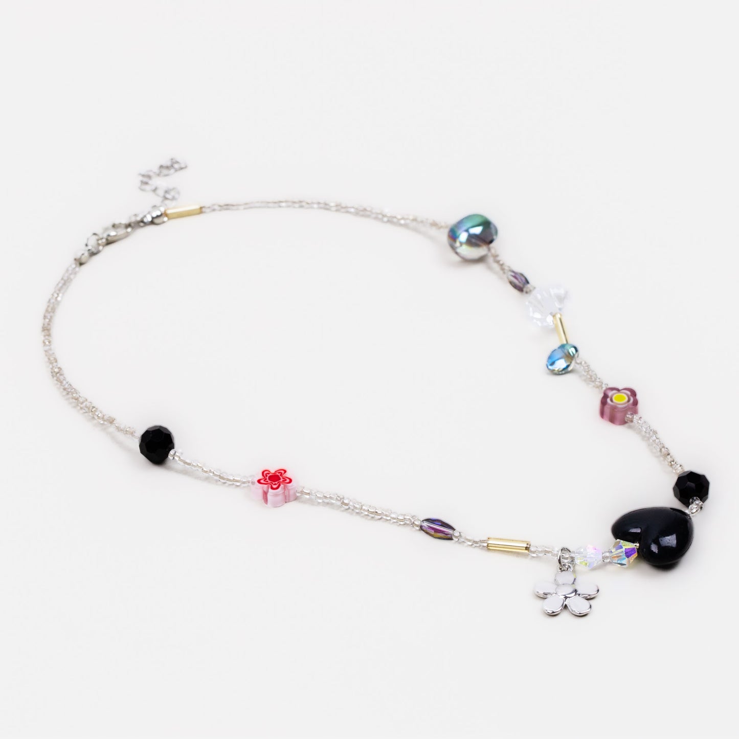 Colier la baza gâtului cu pietre, inimă și pandantiv în formă de floare - Transparent, Multicolor