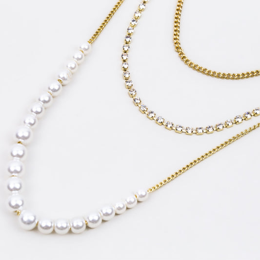 Colier multiplu cu perle și ștrasuri - Auriu