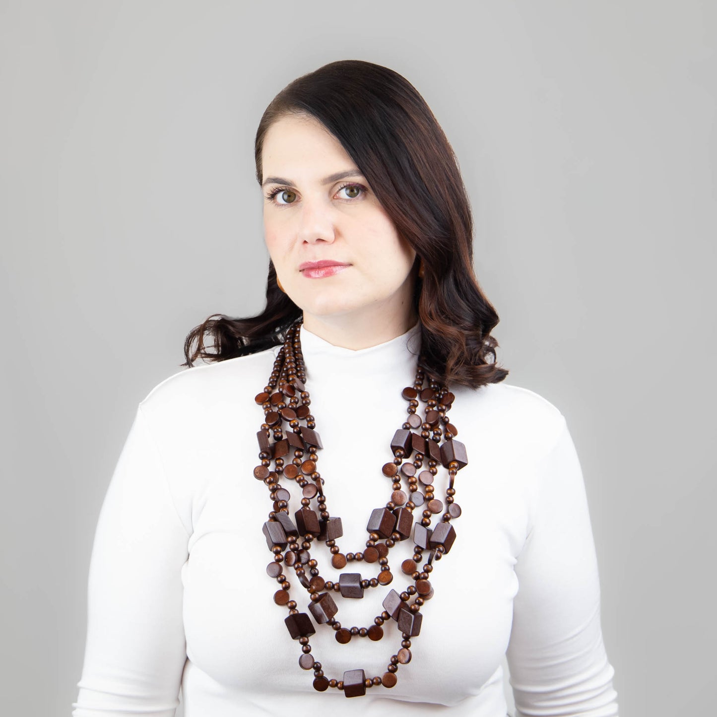Colier multiplu din lemn cu secțiuni geometrice - Maro Închis