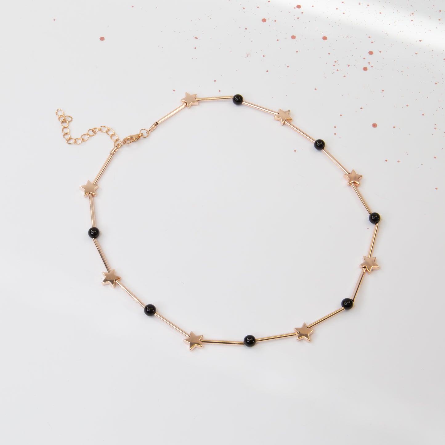 Colier subtil cu steluțe și perle negre, Aurora Star - Rose Gold