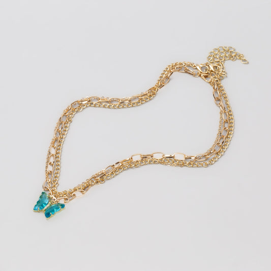 Coliere cu lanț auriu și pandantiv în formă de fluture cu pietre, set 3 buc - Albastru