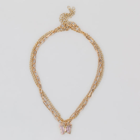 Coliere cu lanț auriu și pandantiv în formă de fluture cu pietre, set 3 buc - Roz