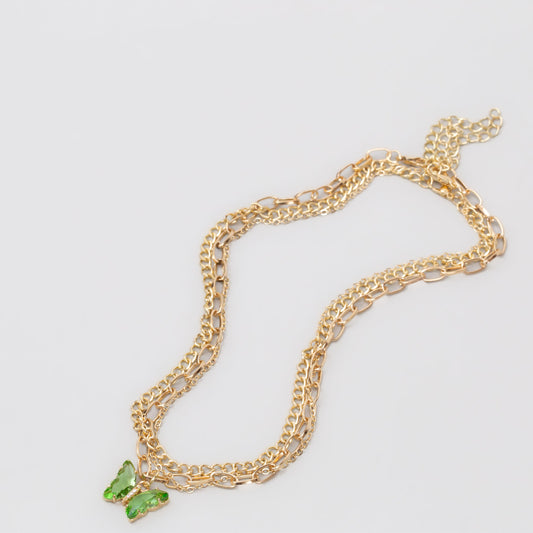 Coliere cu lanț auriu și pandantiv în formă de fluture cu pietre, set 3 buc - Verde