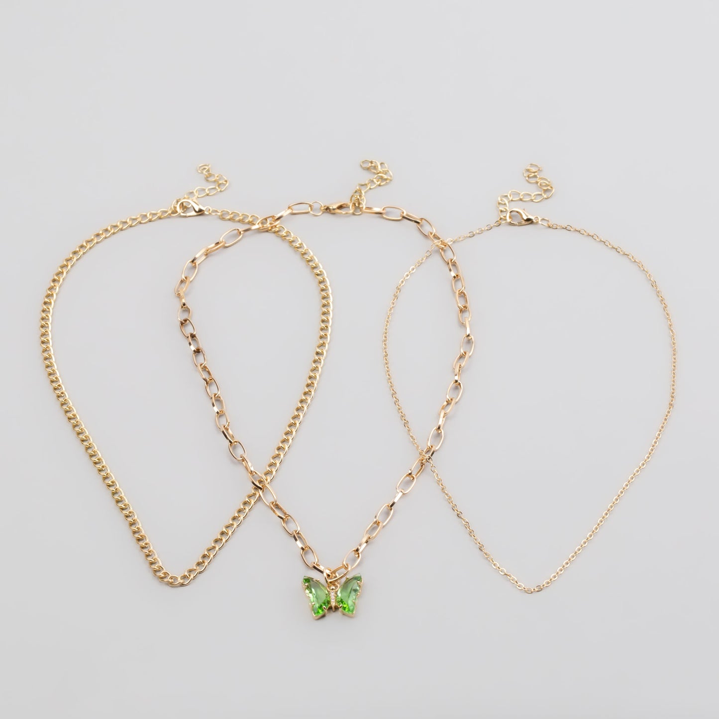 Coliere cu lanț auriu și pandantiv în formă de fluture cu pietre, set 3 buc - Verde