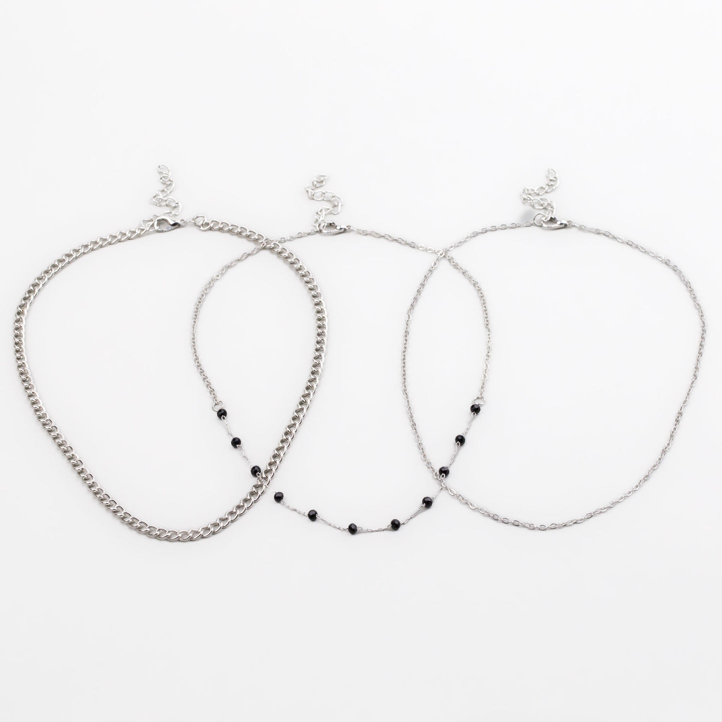 Coliere cu lanț și pietre negre, set 3 buc - Argintiu