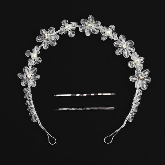 Diademă elegantă maleabilă cu pietre, perle, flori - Argintiu Clasic