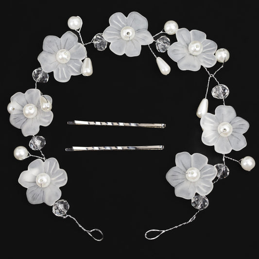 Diademă elegantă maleabilă cu pietre, perle, flori - Argintiu