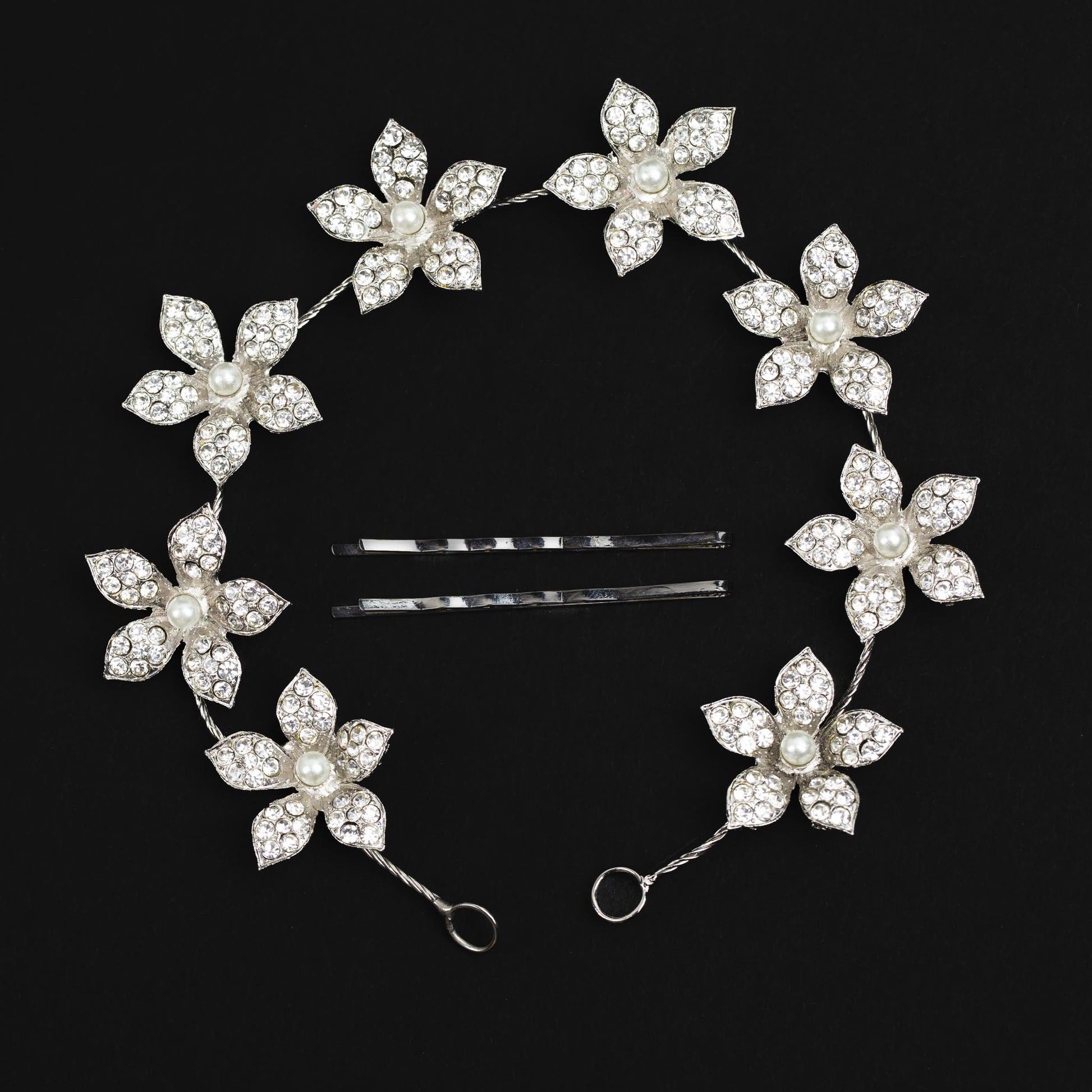 Diademă elegantă maleabilă cu strasuri, perle, flori - Argintiu