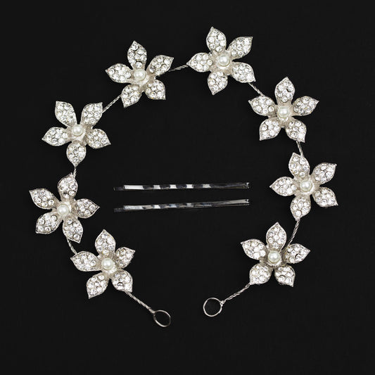 Diademă elegantă maleabilă cu strasuri, perle, flori - Argintiu