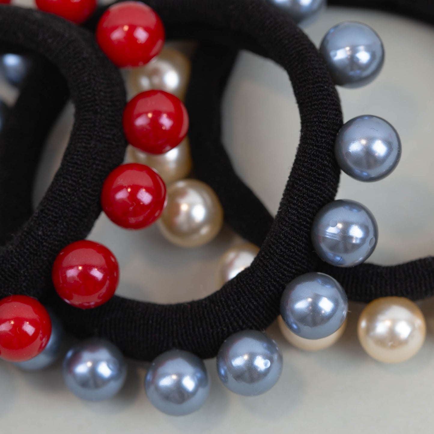 Elastice de păr cu perle, grosime 1 + 1 cm, set 3 buc - Roșu, Bej, Albastru