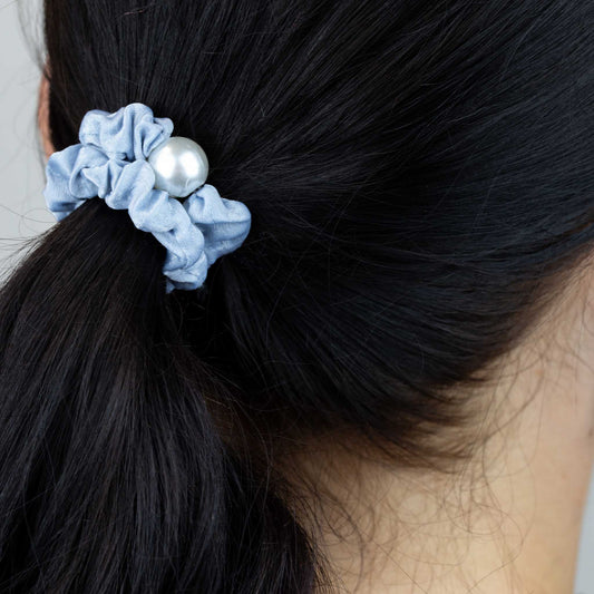 Elastice de păr din satin, tip scrunchie cu perlă, grosime 1,8 cm, set 2 buc - Gri, Albastru