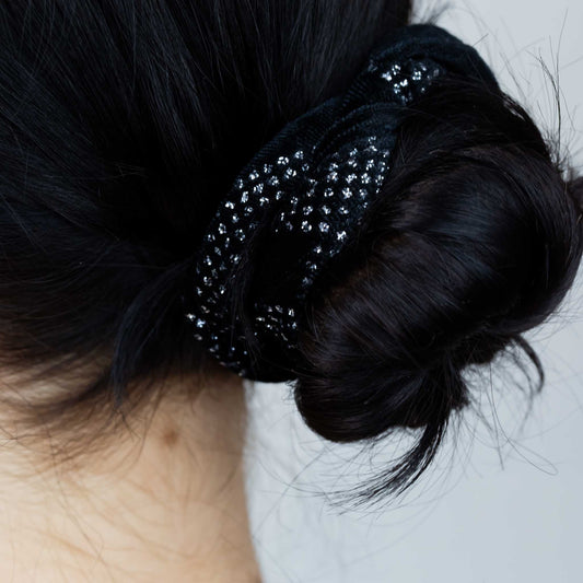Elastice de păr tip scrunchie cu textură de catifea și sclipici, grosime 3,5 cm, set 2 buc - Negru