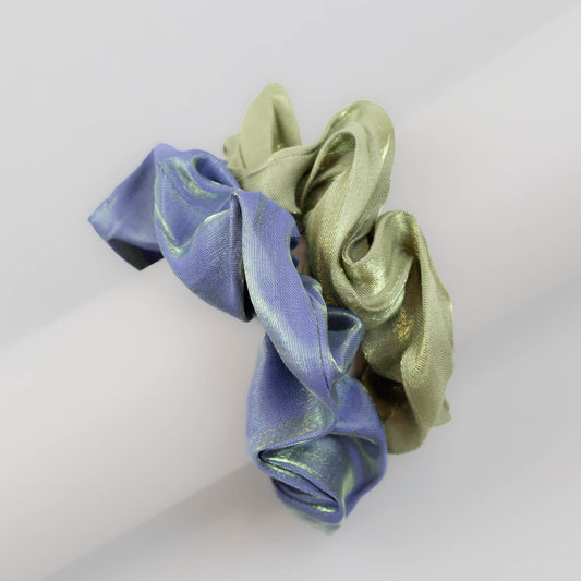 Elastice de păr tip scrunchie cu textură fină și lucioasă, grosime 3 cm, set 2 buc - Verde, Albastru