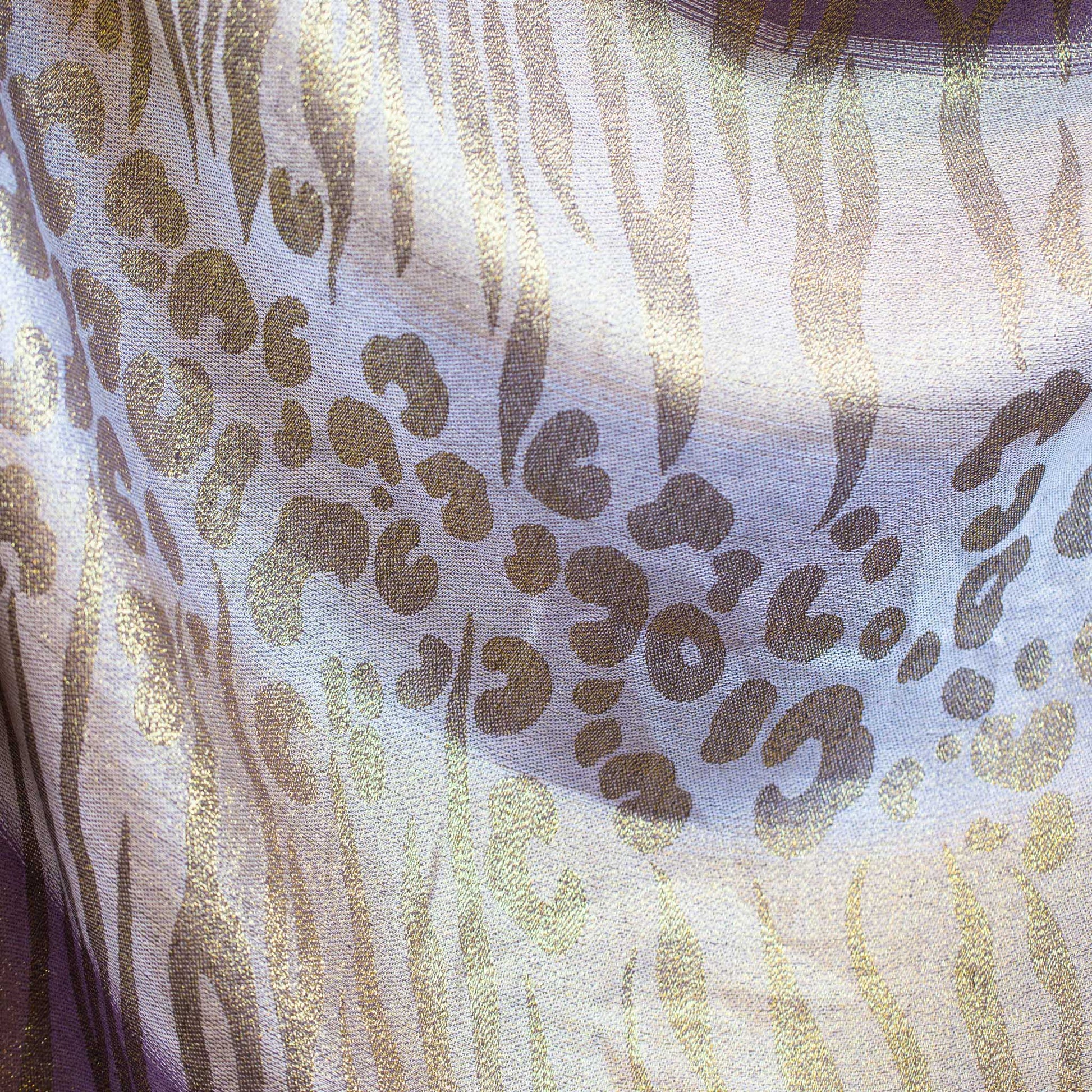 Eșarfă damă cu animal print, fir sclipitor și franjuri, 180 x 70 cm - Bej, Auriu