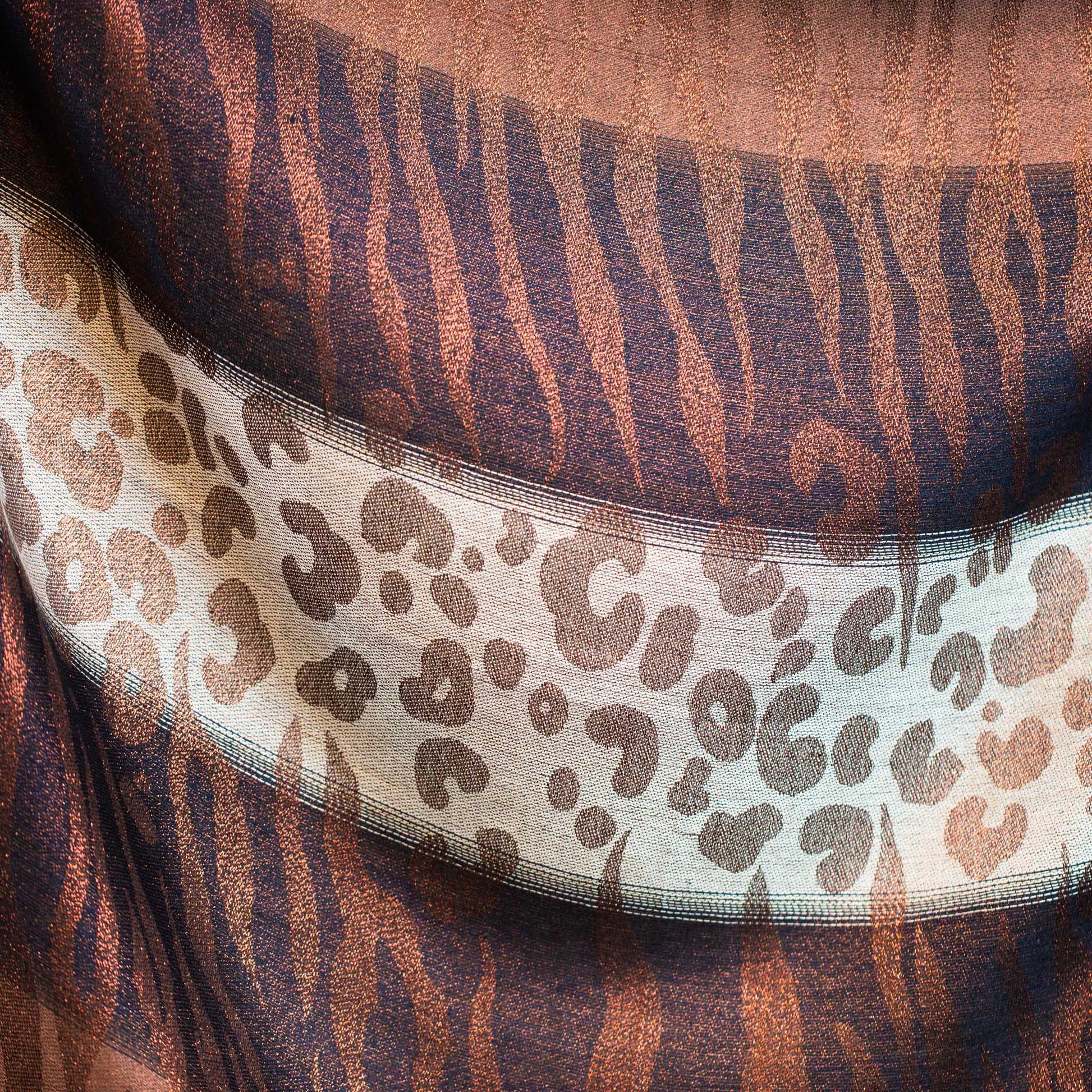 Eșarfă damă cu animal print, fir sclipitor și franjuri, 180 x 70 cm - Maro, Bej, Arămiu