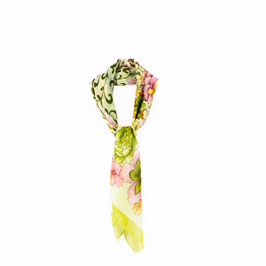 Eșarfă damă din mătase cu imprimeu floral, 65 x 65 cm - Verde, Roz