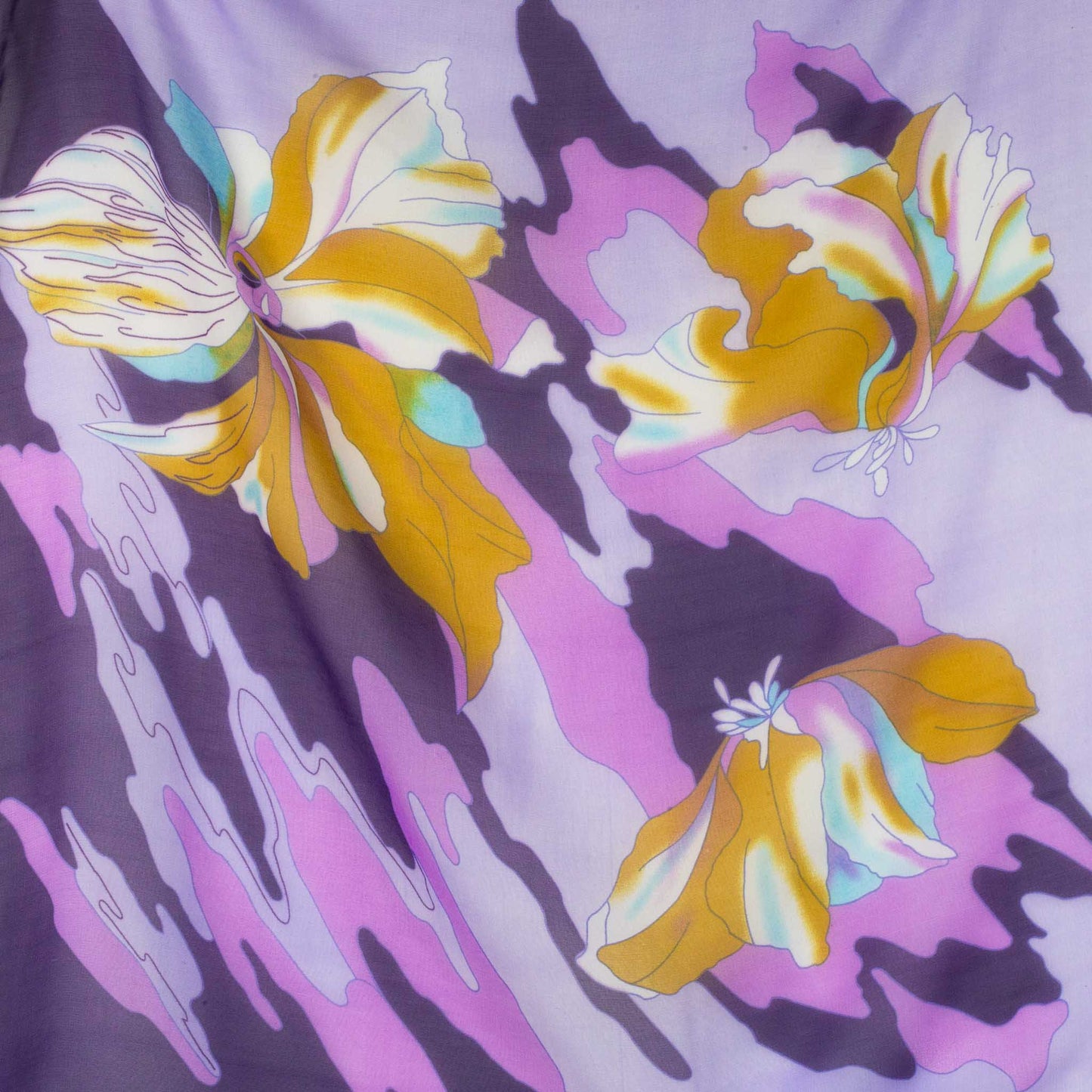 Eșarfă damă din mătase , imprimeu abstract cu flori mari, 65 x 65 cm - Mov, Galben