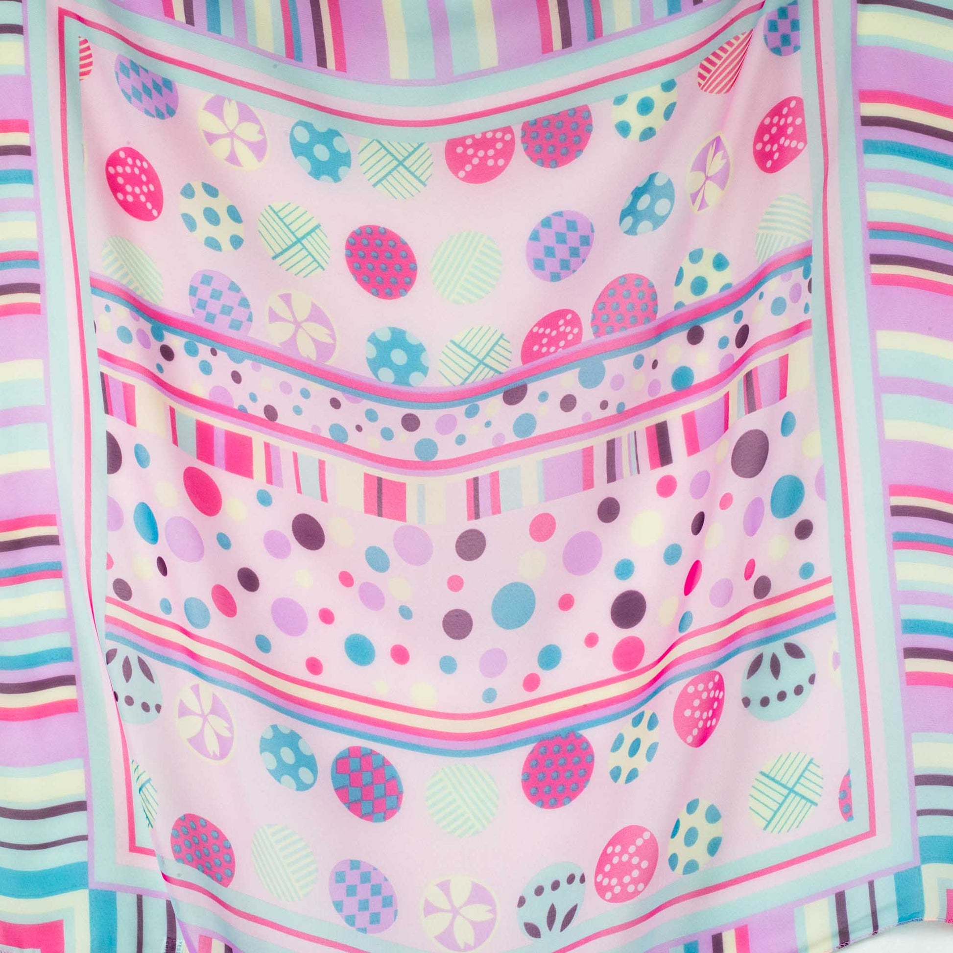 Eșarfă damă din mătase , imprimeu cu buline abstracte și dungi, 65 x 65 cm - Pink Vibes