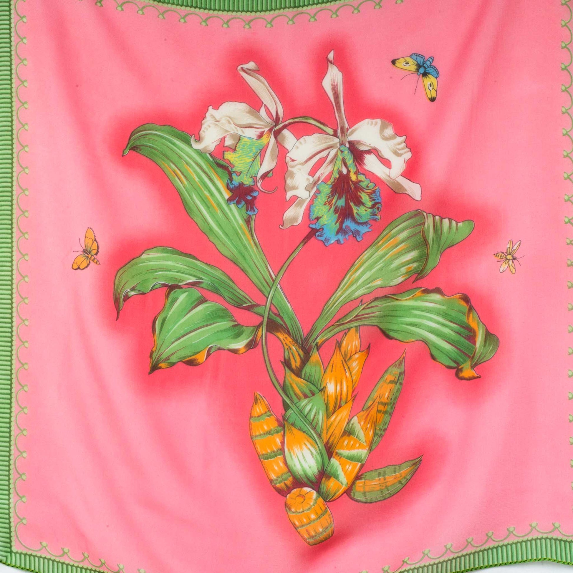 Eșarfă damă din mătase , imprimeu cu floare mare și fluturi, 65 x 65 cm - Roz