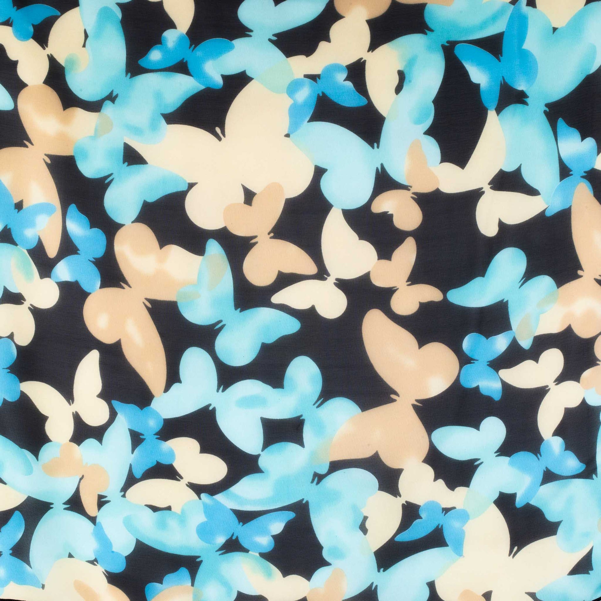Eșarfă damă din mătase , imprimeu cu fluturi, 65 x 65 cm - Negru, Bej, Albastru