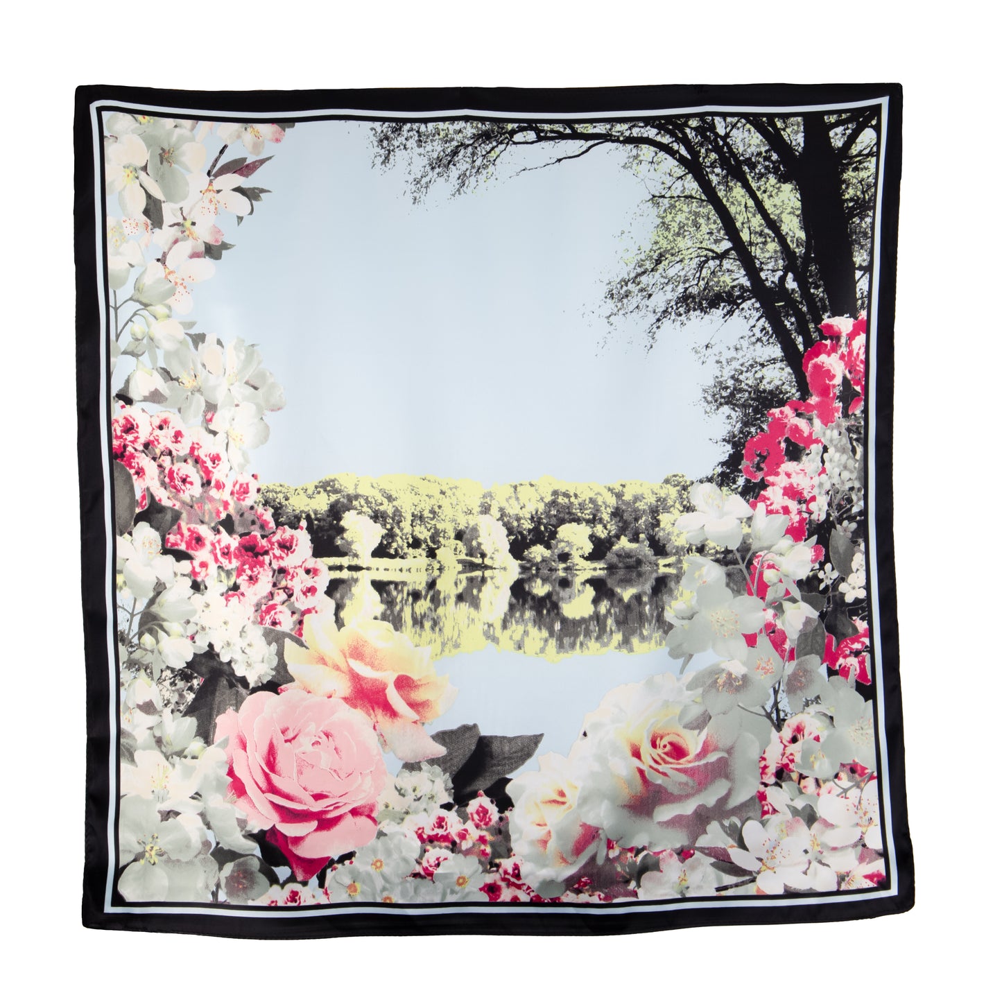 Eșarfă damă din satin, peisaj floral, 61 x 61 cm - Albastru, Roz