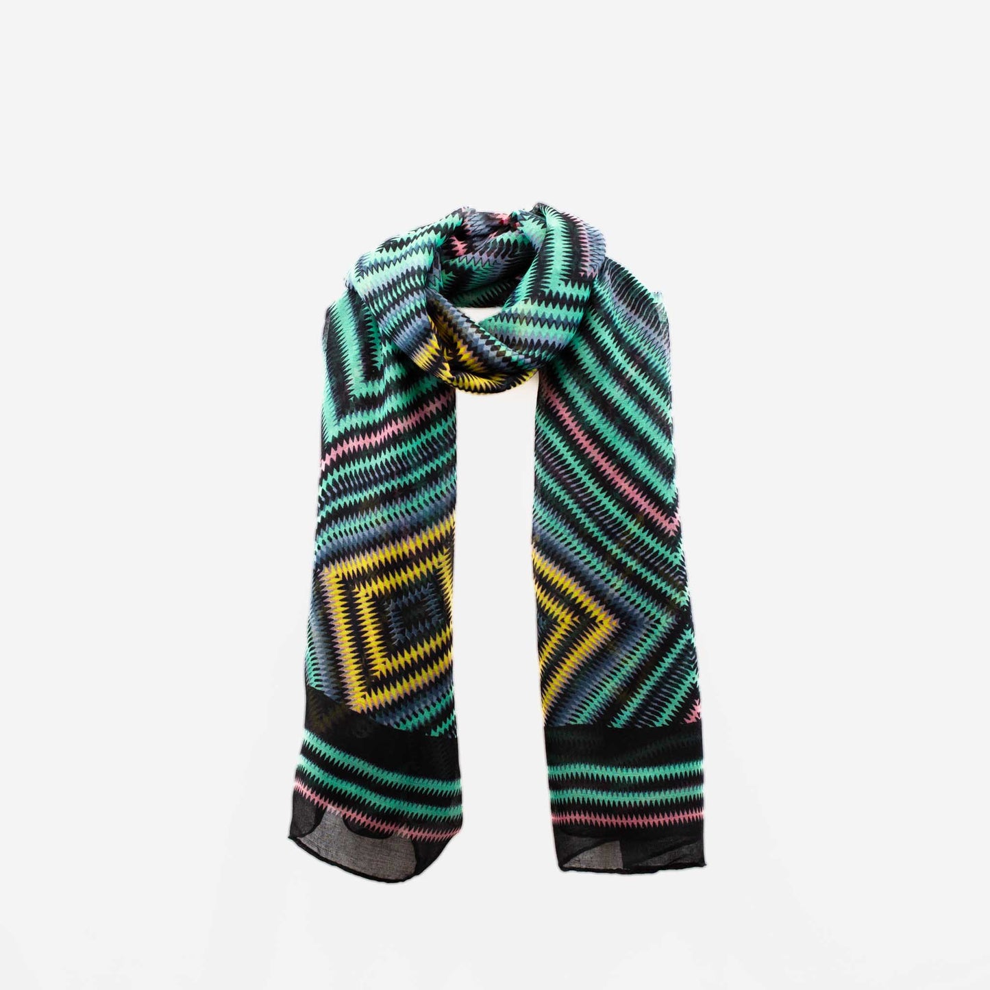 Eșarfă damă, imprimeu cu forme geometrice în zig zag, 180 x 95 cm - Verde, Galben