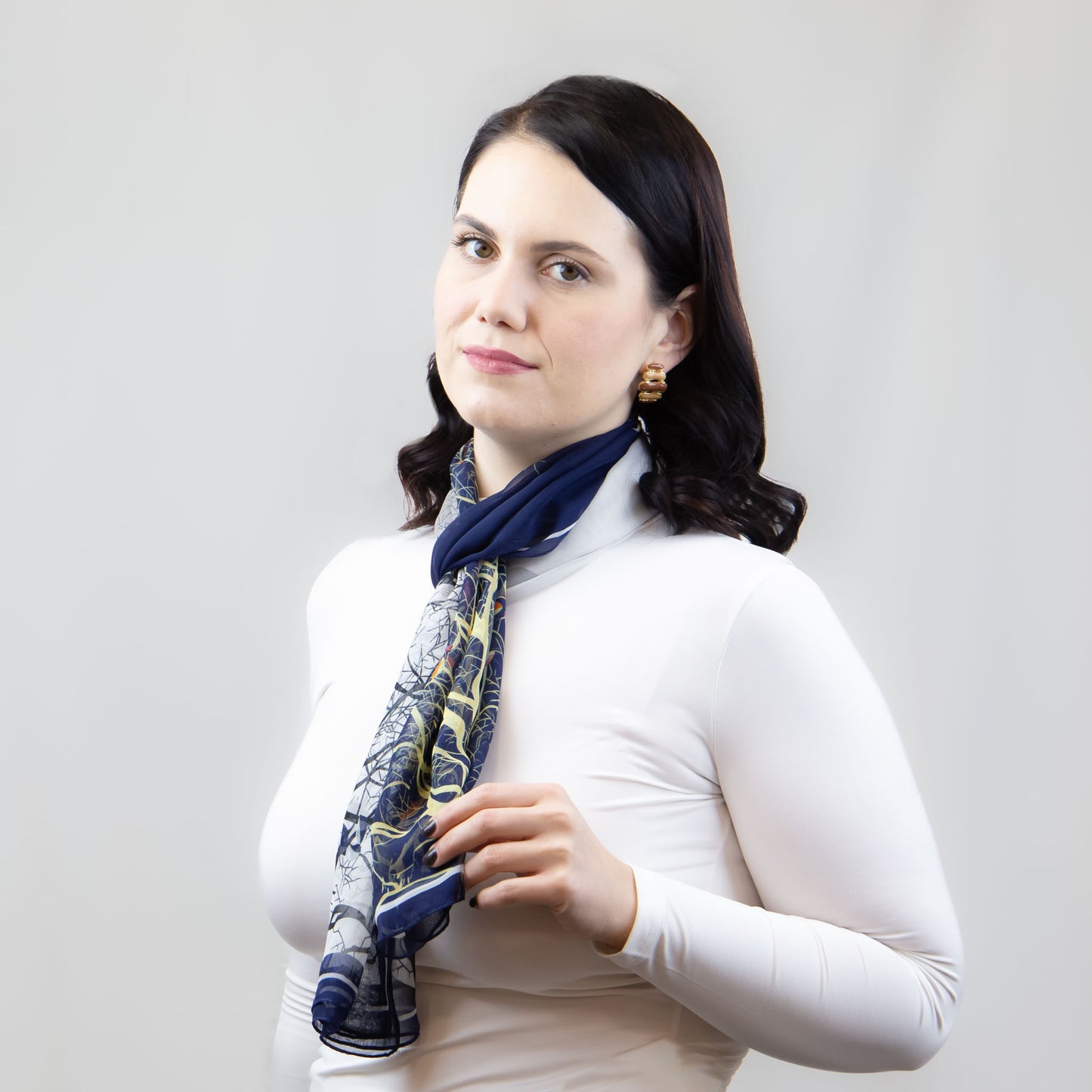 Eșarfă fină cu efect de mătase, imprimeu copacul nopții, 160 x 50 cm - Albastru