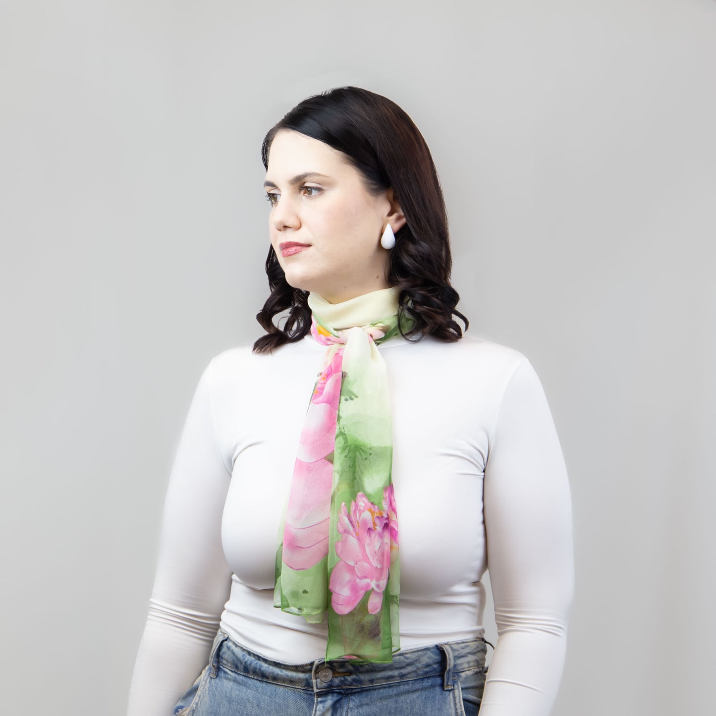 Eșarfă fină cu efect de mătase, imprimeu cu flori mari, 160 x 50 cm - Verde Lime