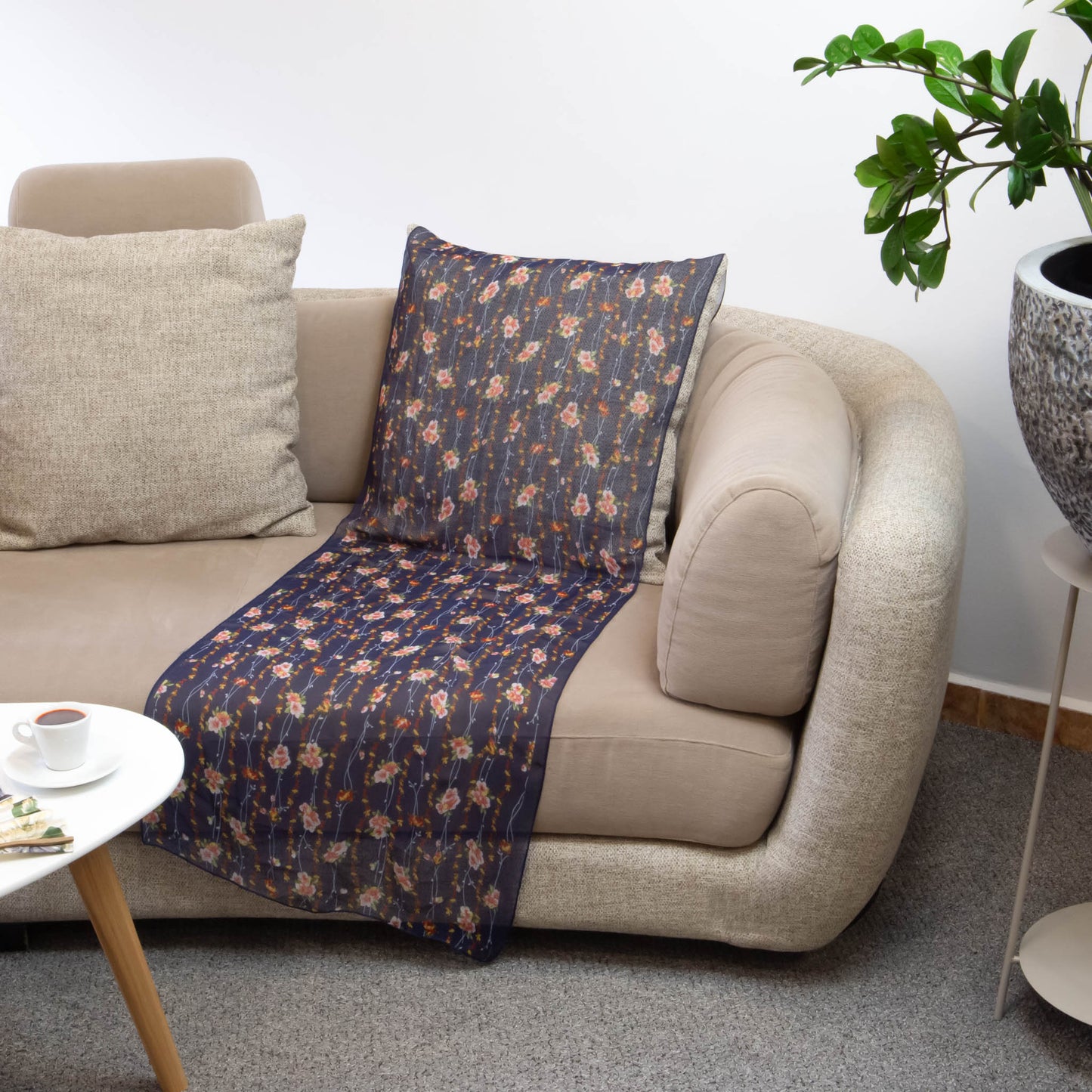 Eșarfă fină cu efect de mătase, imprimeu cu flori mici, 160 x 50 cm - Albastru