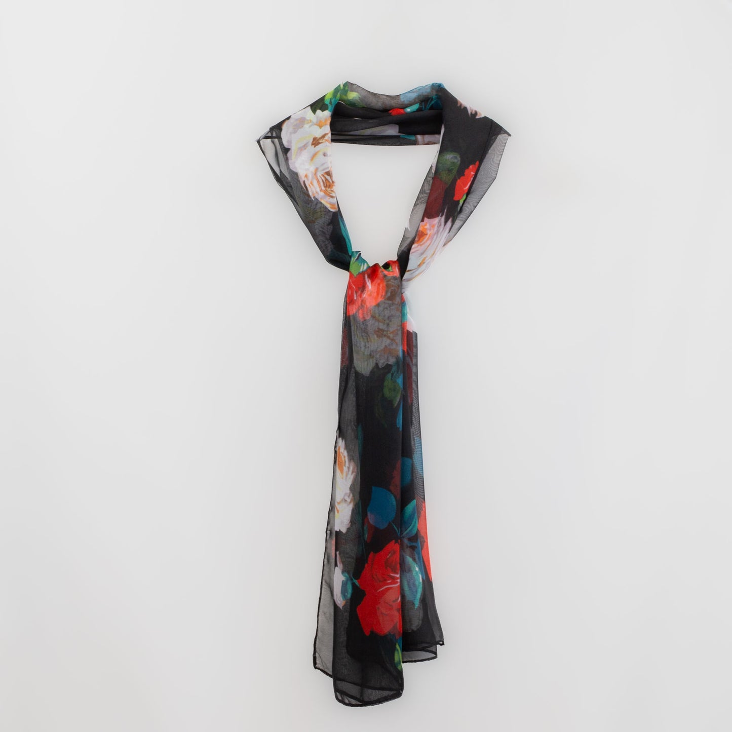 Eșarfă fină cu efect de mătase, imprimeu cu trandafiri classy, 160 x 50 cm - Negru