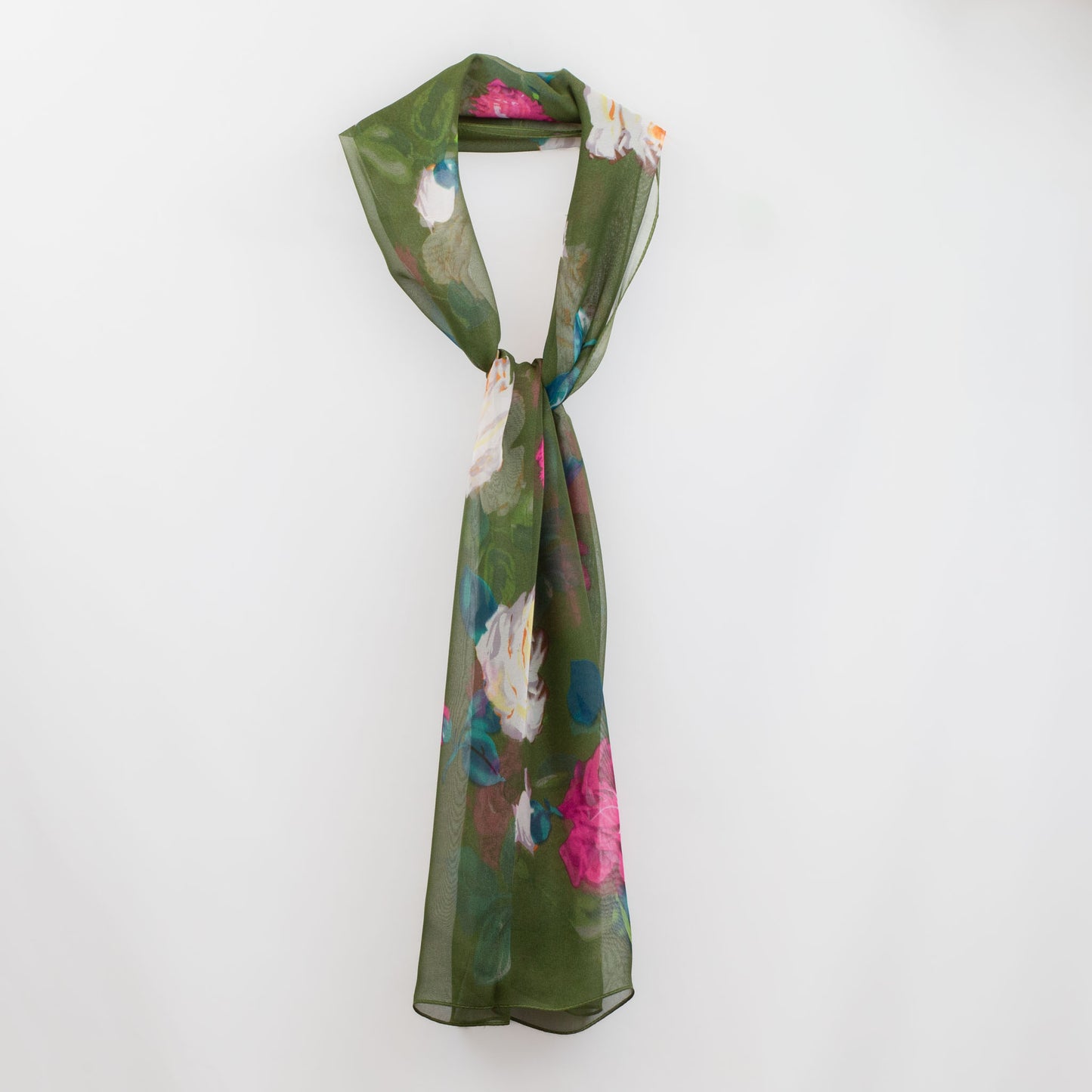 Eșarfă fină cu efect de mătase, imprimeu cu trandafiri classy, 160 x 50 cm - Verde