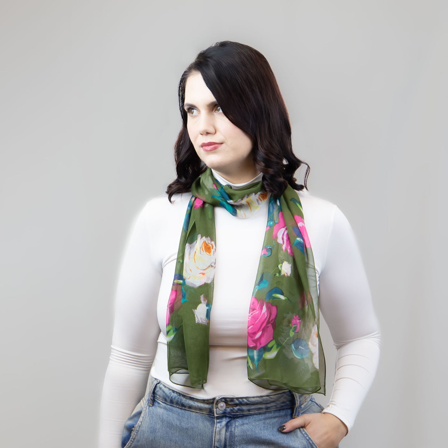 Eșarfă fină cu efect de mătase, imprimeu cu trandafiri classy, 160 x 50 cm - Verde