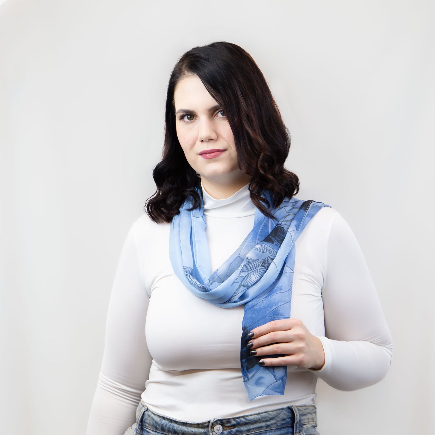 Eșarfă fină cu efect de mătase, imprimeu flori contur, 150 x 45 cm - Albastru